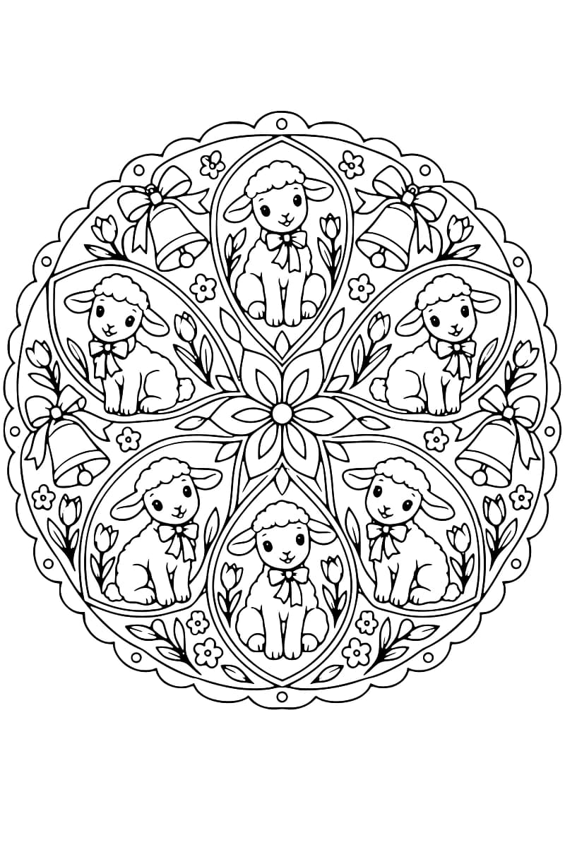 Dessin en noir et blanc de six agneaux assis portant un nœud au cou, disposés autour d’une fleur centrale, avec quatre cloches à rubans, des tulipes et de petites fleurs dans un cadre festonné.