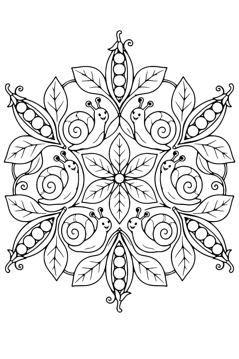 Mandala en traits noirs sur fond blanc, composé de six escargots souriants aux coquilles en spirale, de six gousses ouvertes contenant des petits pois et de feuilles nervurées disposées symétriquement.