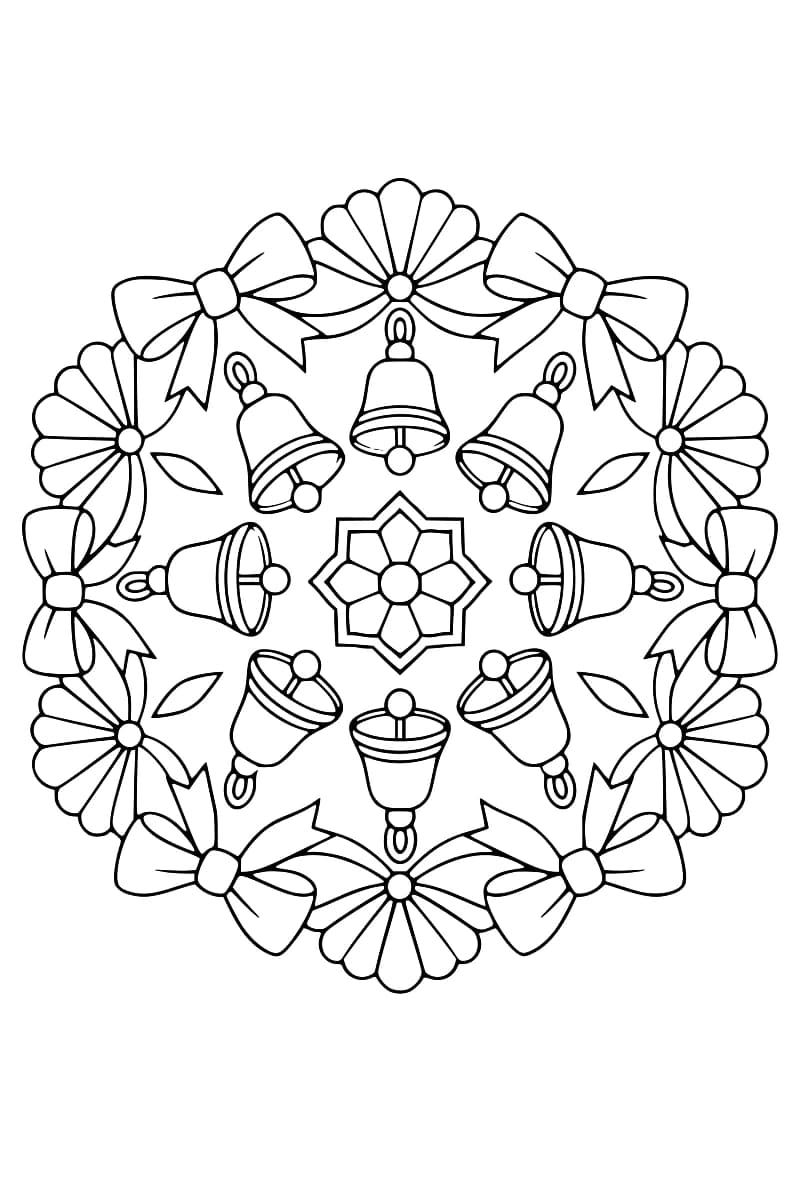 Dessin circulaire en noir et blanc montrant huit cloches disposées autour d’une rosace géométrique, avec une bordure alternant des nœuds à rubans et des formes en éventail.