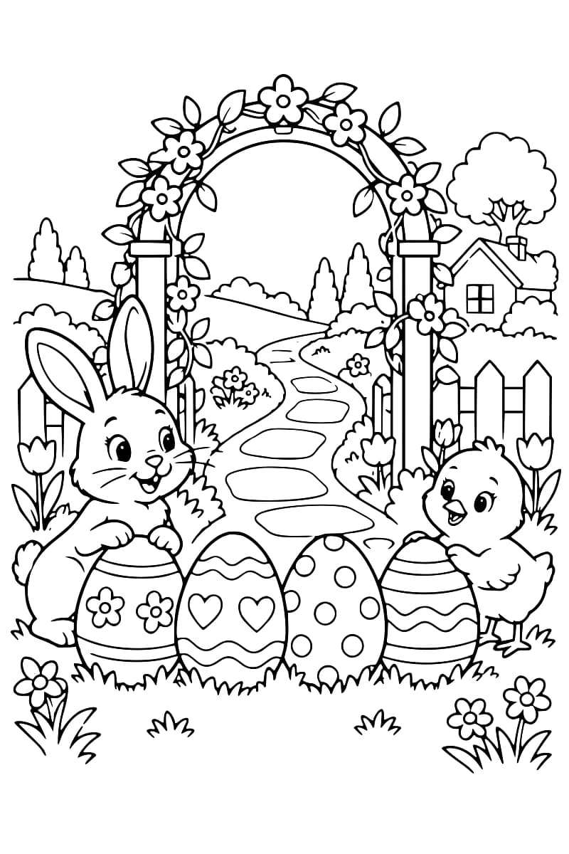 Dessin en noir et blanc montrant quatre œufs décorés, un lapin, un poussin, une arche fleurie, un chemin et une maison à la campagne.