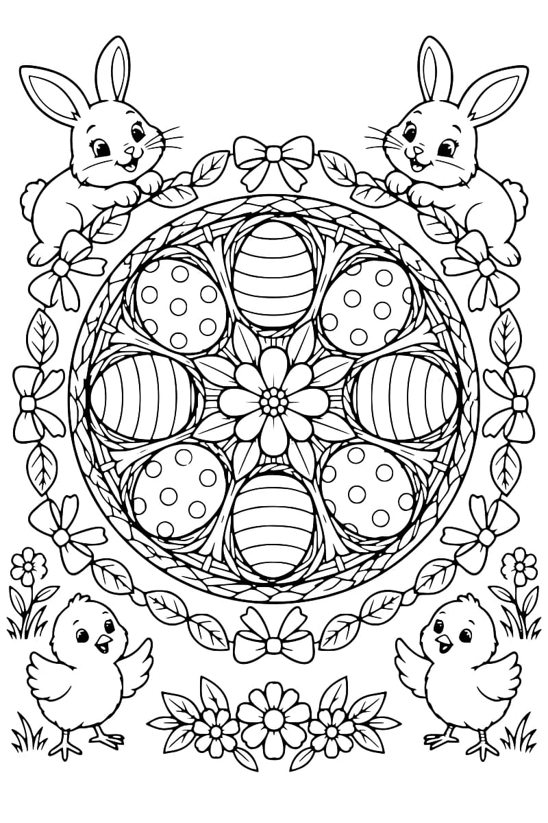 Dessin en noir et blanc d’un panier circulaire tressé contenant huit œufs à rayures ou à pois autour d’une fleur centrale, avec deux lapins en haut, deux poussins en bas et une bordure de feuilles, de nœuds et de fleurs.