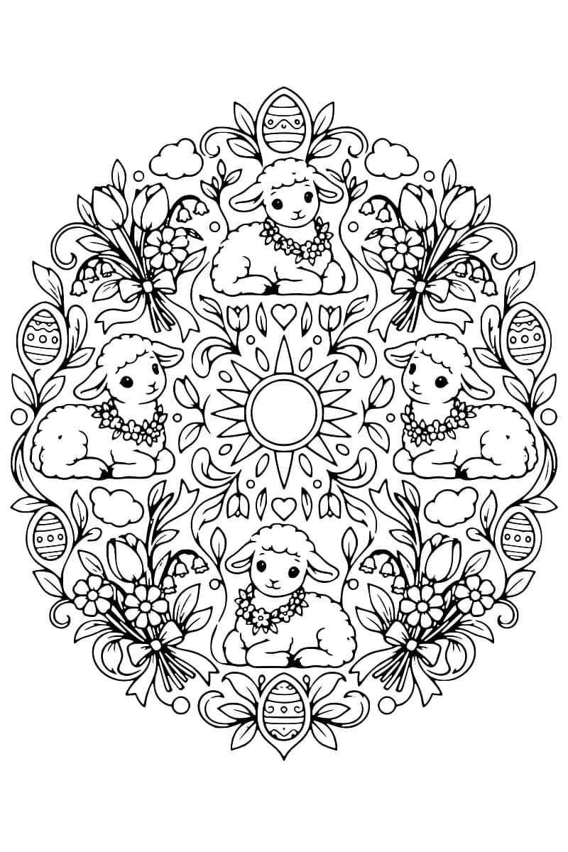 Dessin en noir et blanc représentant quatre agneaux fleuris disposés autour d’un motif solaire central, avec des fleurs, des feuilles, des nuages et des œufs décorés.