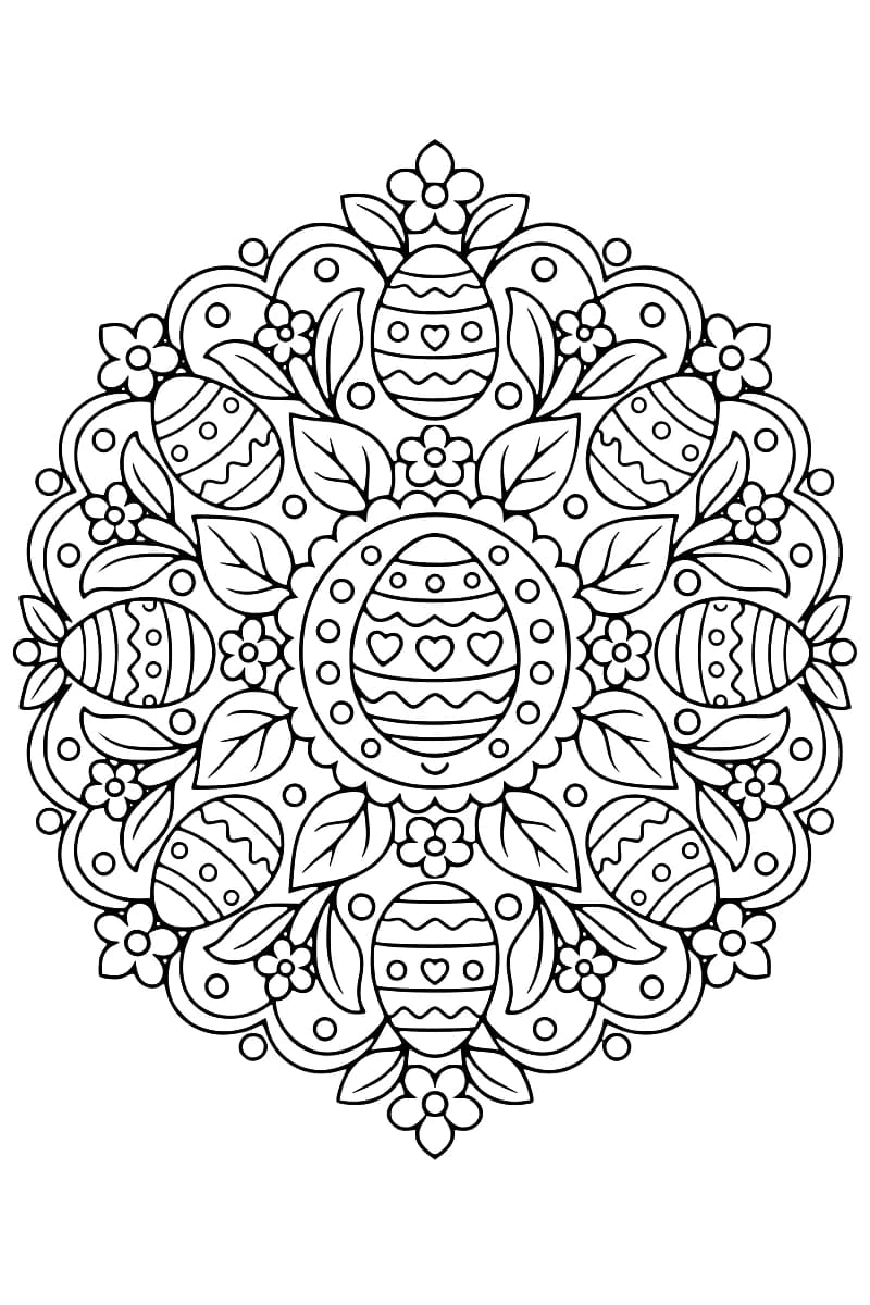 Dessin circulaire en noir et blanc composé d’œufs décorés, de feuilles et de petites fleurs disposés symétriquement.