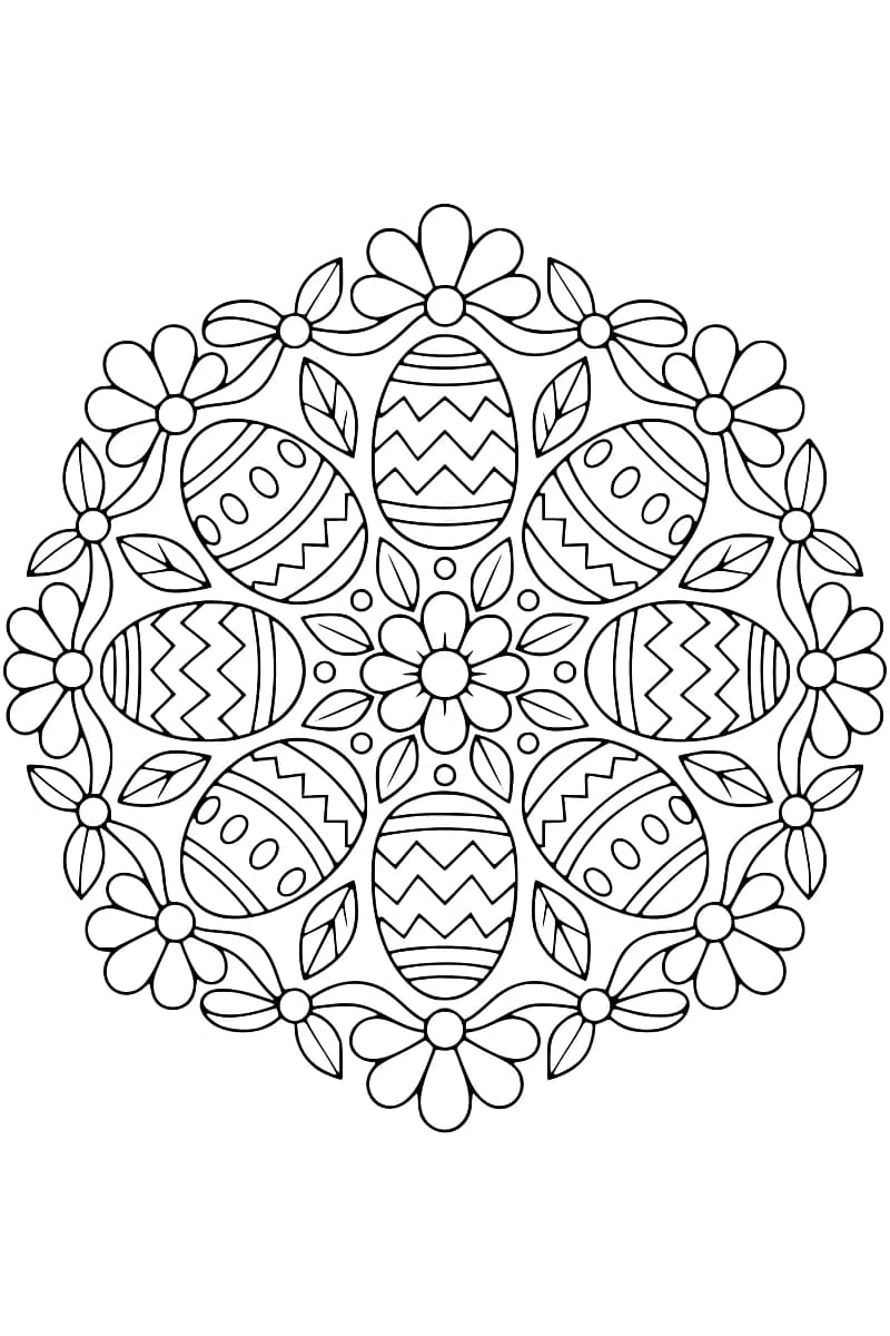 Dessin en noir et blanc d’une rosace composée de huit œufs de Pâques à motifs, de fleurs et de feuilles.