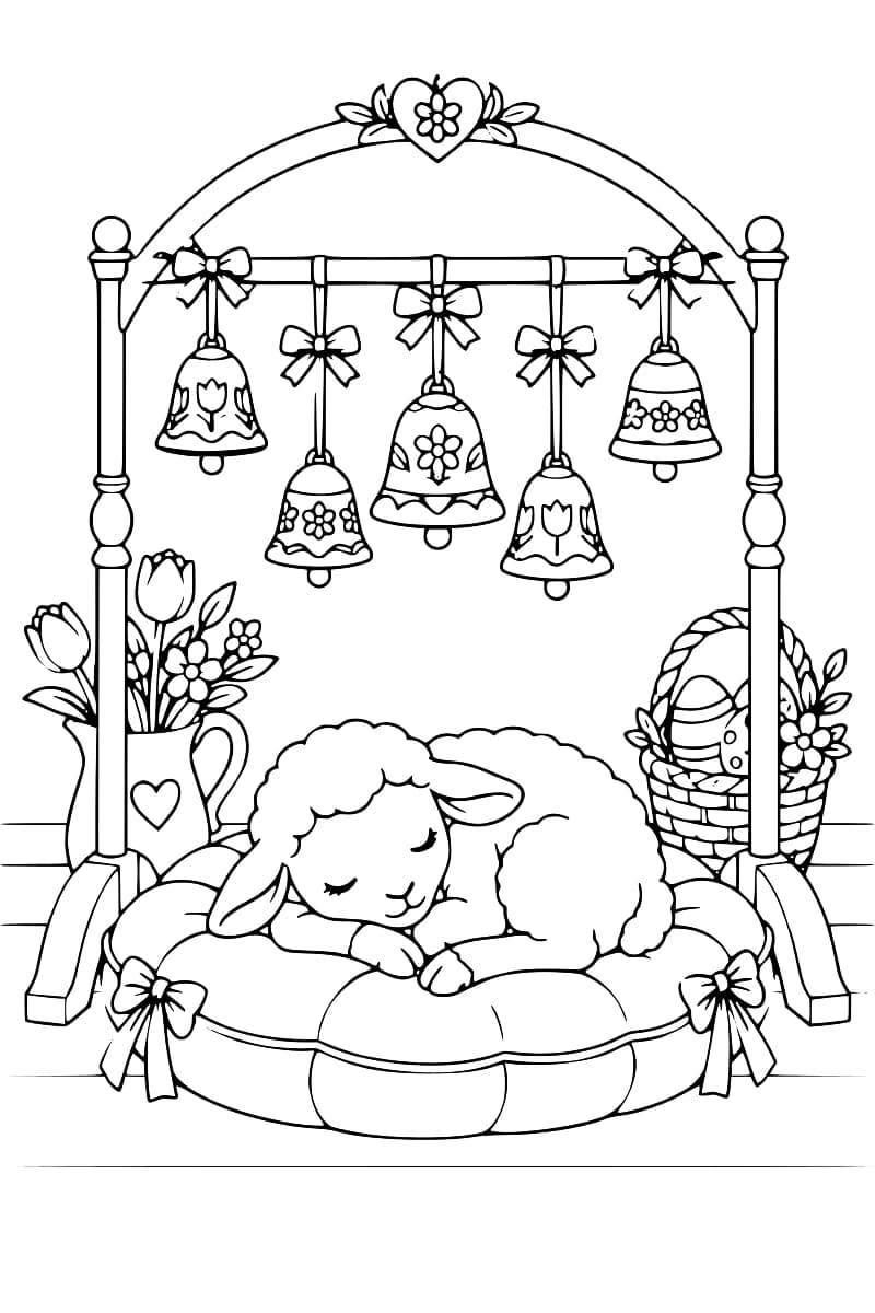 Dessin à colorier d’un agneau endormi sur un coussin à nœuds, sous un portique portant cinq cloches décorées de fleurs et de rubans, avec un pichet de fleurs à gauche et un panier d’œufs à droite.