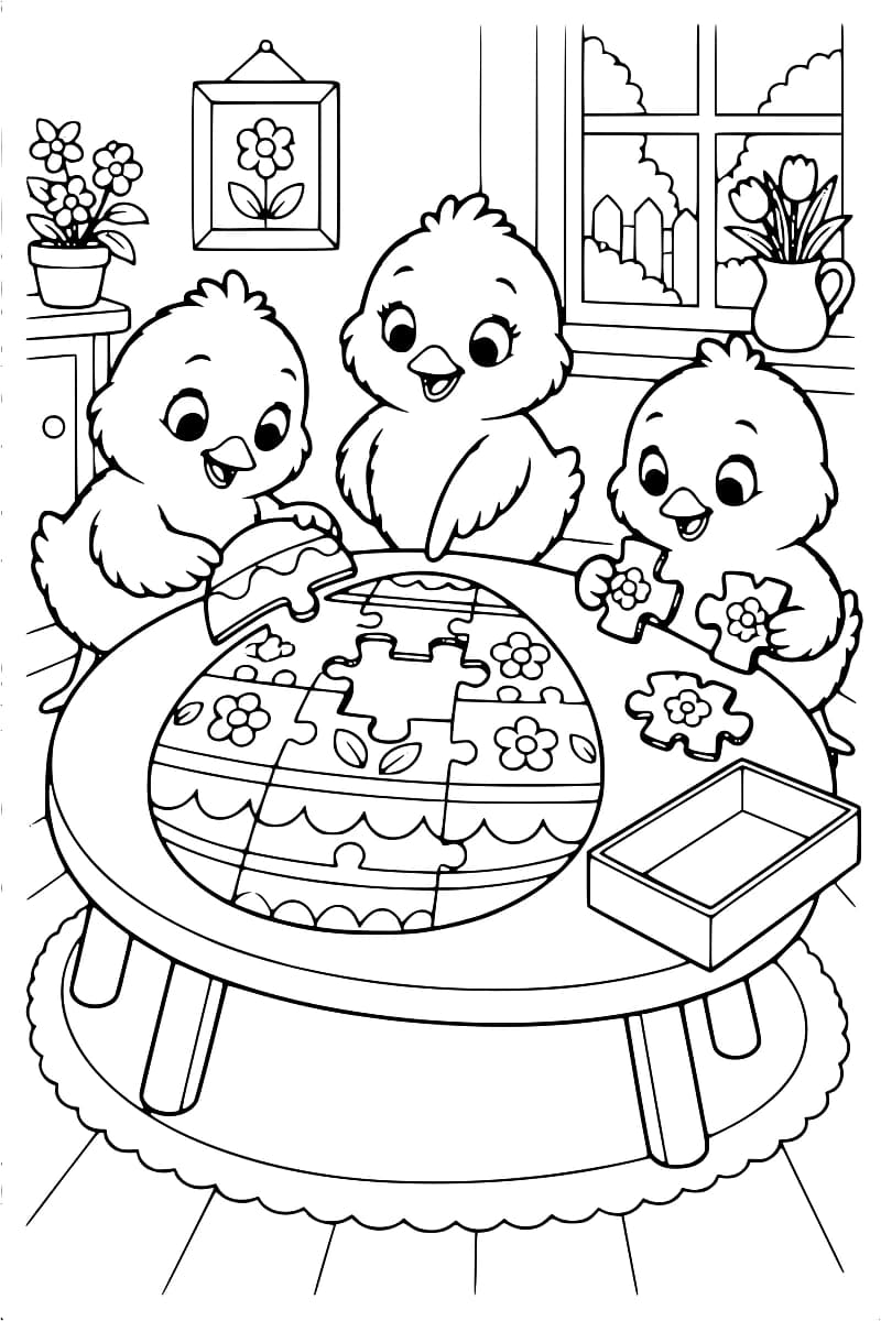 Dessin à colorier de trois poussins autour d’une table ronde, assemblant un puzzle en forme d’œuf décoré de fleurs et de bandes. Des pièces et une boîte vide sont posées sur la table, dans une pièce ornée de fleurs avec une fenêtre.
