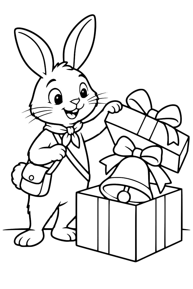 Dessin à colorier d’un lapin souriant portant un foulard et une sacoche, qui tient le couvercle d’une boîte cadeau ouverte contenant une cloche décorée d’un grand nœud.