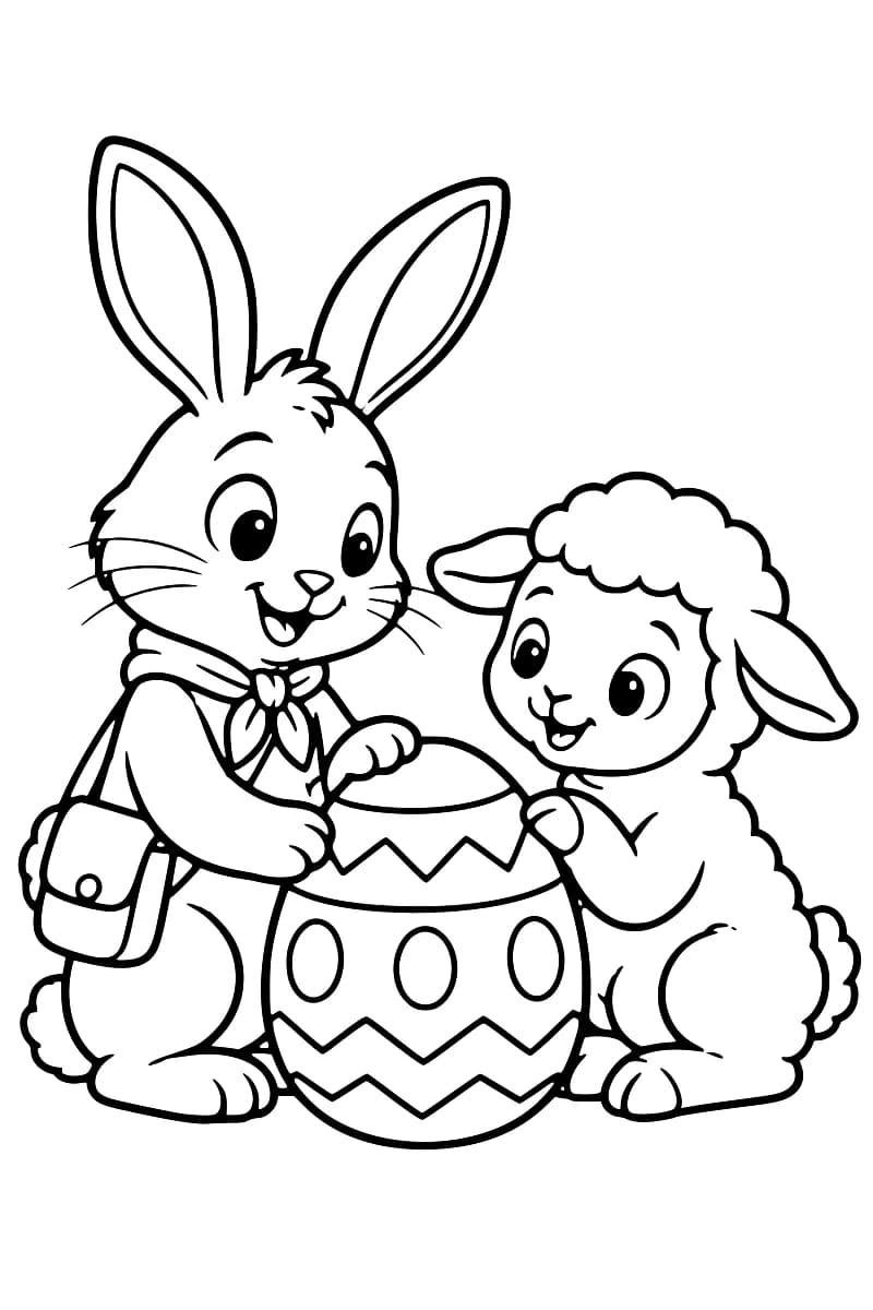 Dessin à colorier d’un lapin à gauche et d’un agneau à droite, assis de part et d’autre d’un grand œuf orné de zigzags et d’ovales, sur lequel ils posent leurs pattes.