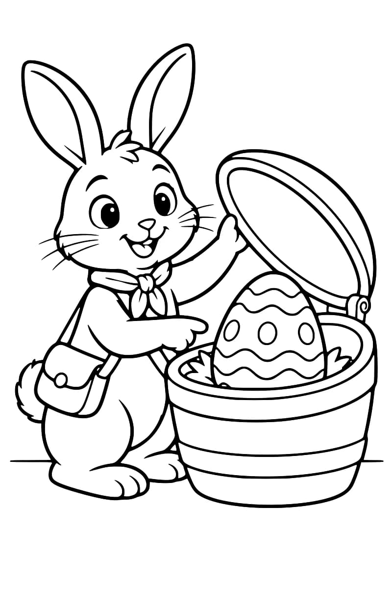 Dessin en noir et blanc d’un lapin souriant portant un foulard et une sacoche, qui tient ouvert le couvercle d’un panier contenant un grand œuf orné de lignes ondulées et d’ovales.