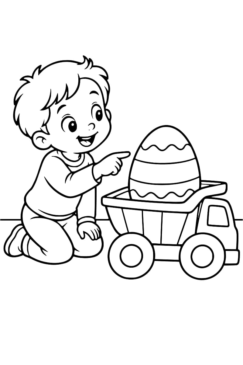 Dessin en noir et blanc d’un enfant souriant, à genoux à côté d’un camion-jouet, qui montre un grand œuf orné de bandes et de lignes ondulées dans la benne.