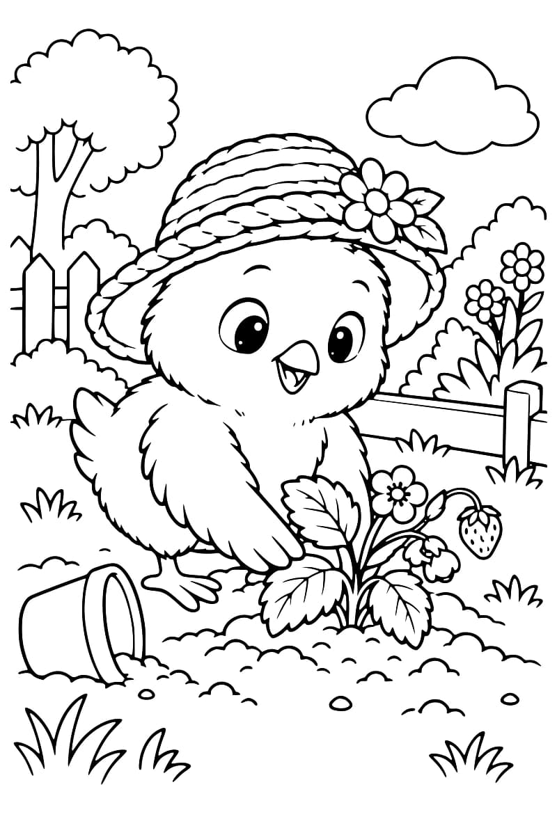 Dessin à colorier d’un poussin coiffé d’un chapeau de paille fleuri, les ailes près de la terre autour d’un fraisier en fleurs portant une fraise. Un pot renversé repose à côté, dans un jardin avec une clôture, un arbre et des fleurs.