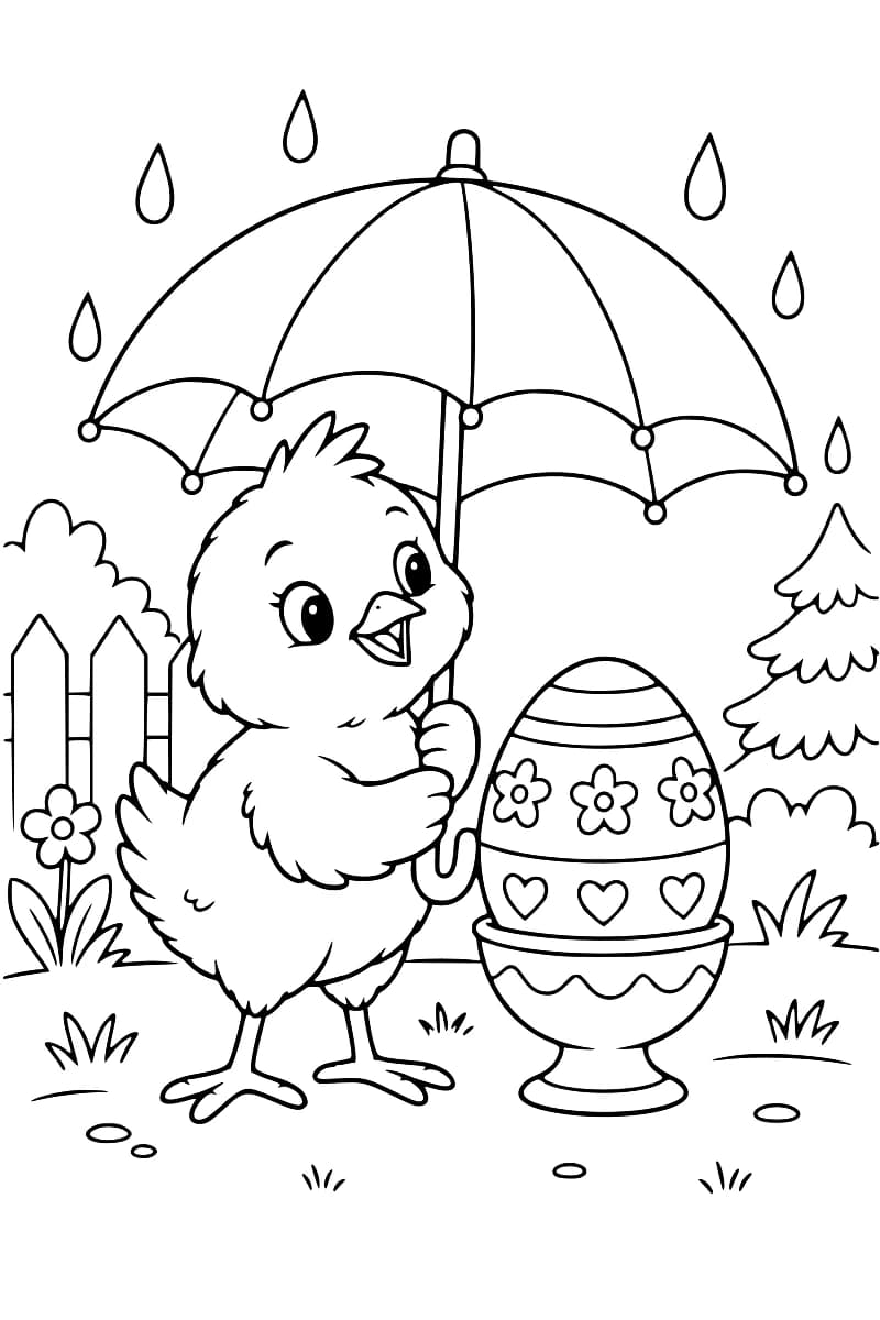 Dessin à colorier d’un poussin tenant un parapluie sous des gouttes de pluie, à côté d’un œuf décoré dans un coquetier, avec une clôture, une fleur et un sapin en arrière-plan.