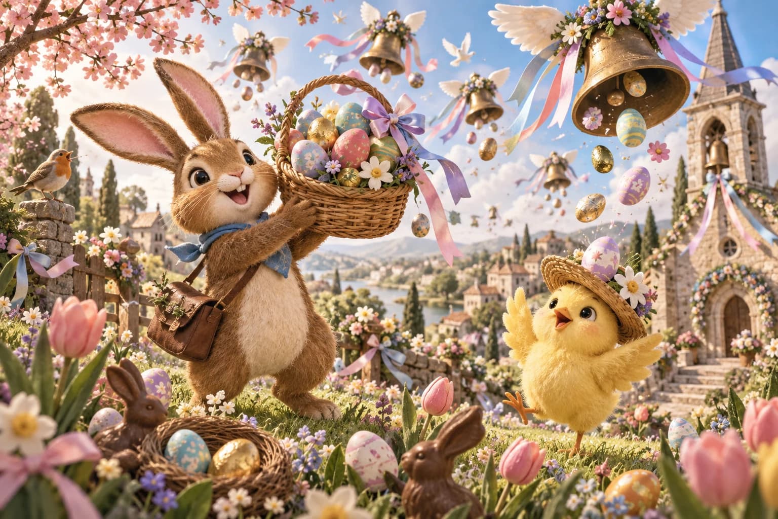 Un jardin printanier avec un lapin et un poussin
