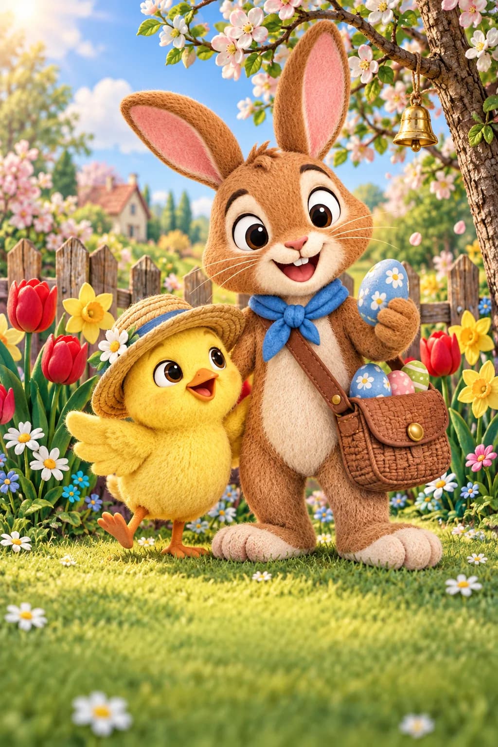 Le Lapin brun et le Poussin jaune se tiennent dans un jardin fleuri près d’une clochette dorée.