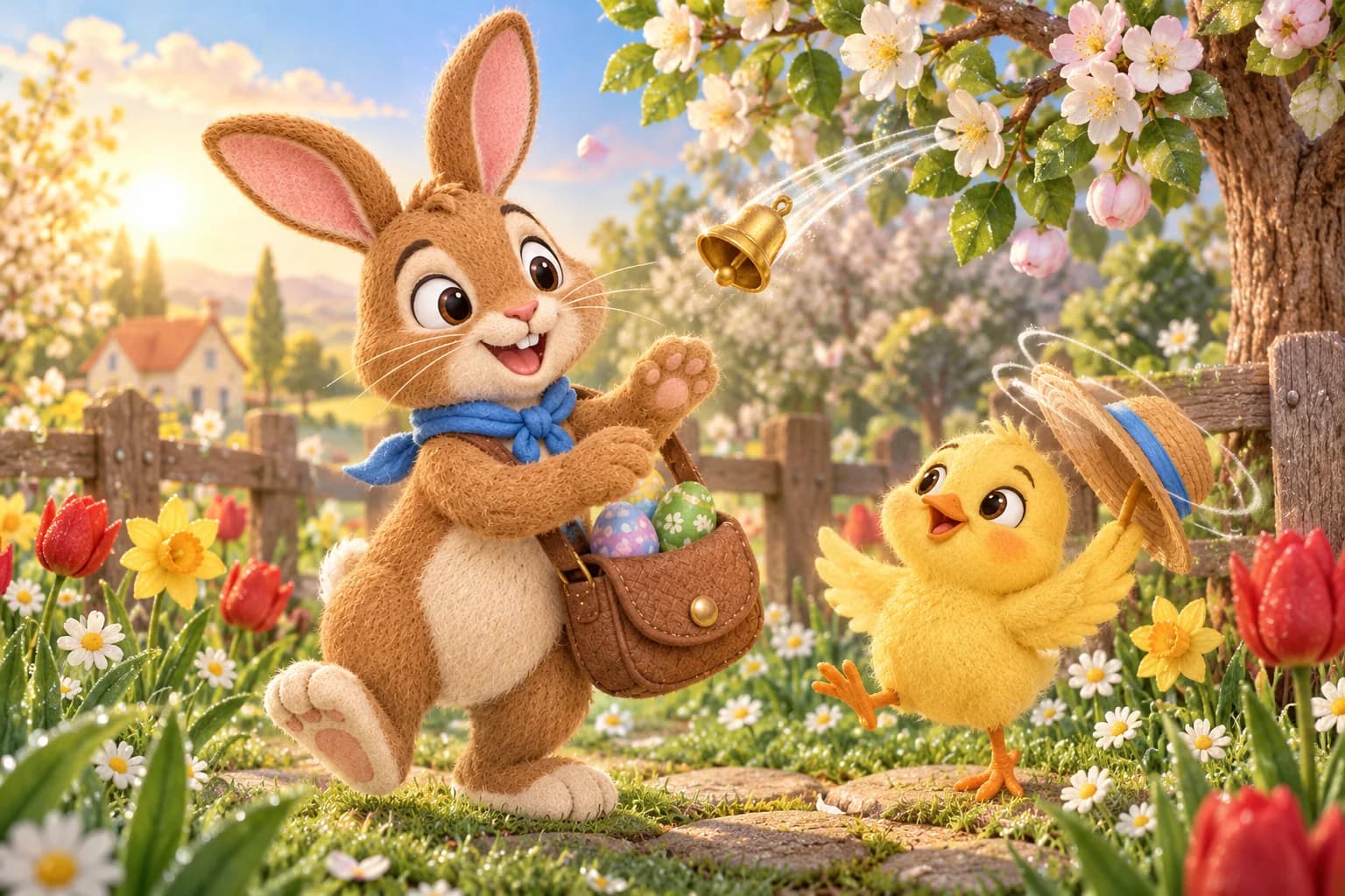 Dans le jardin fleuri, le lapin brun au foulard bleu et le poussin au chapeau regardent une clochette dorée voler.