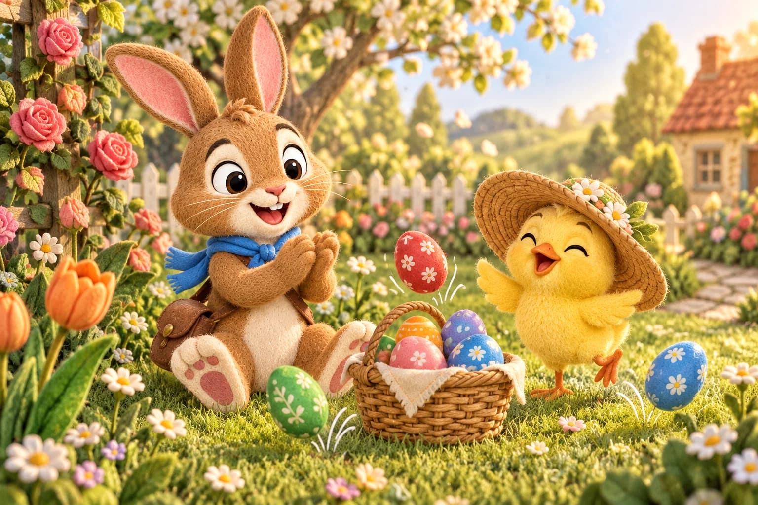 Le lapin brun applaudit près du poussin jaune chantant, tandis que des œufs colorés bondissent dans l’herbe près de Biscotte.