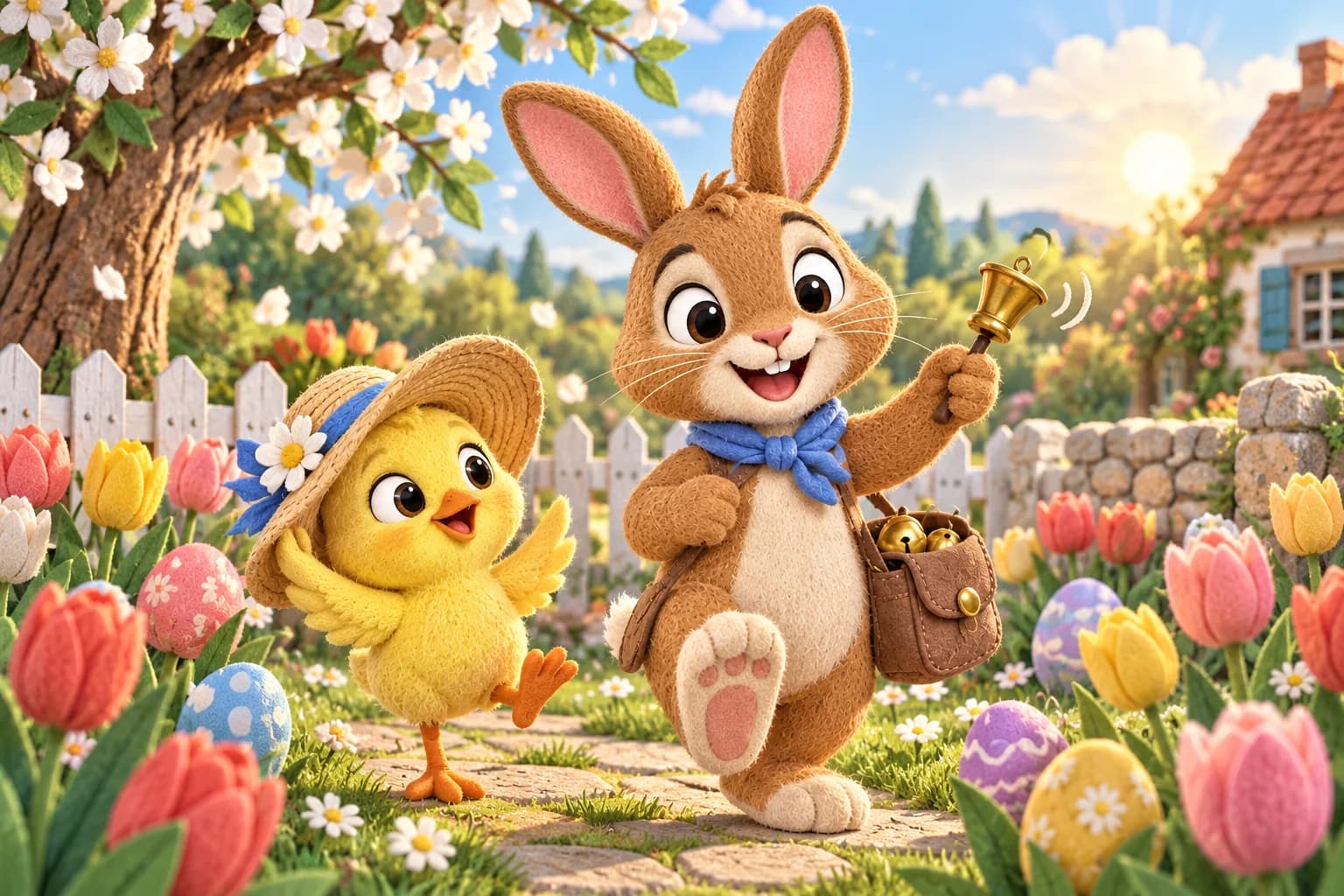Un poussin jaune au grand chapeau de paille danse près d’un lapin brun à foulard bleu, parmi les tulipes.