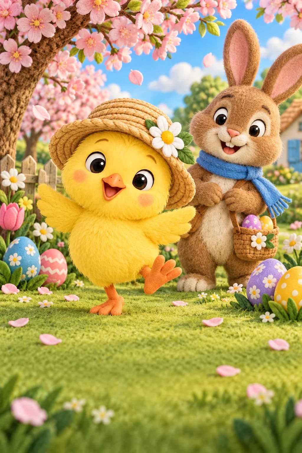 Un poussin jaune au chapeau de paille danse près du lapin brun sous les cerisiers roses.