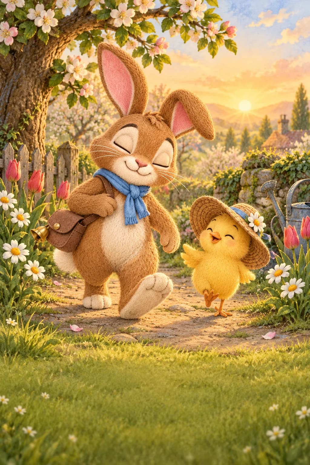Un lapin brun et un poussin jaune avancent dans un jardin de Pâques encore endormi.