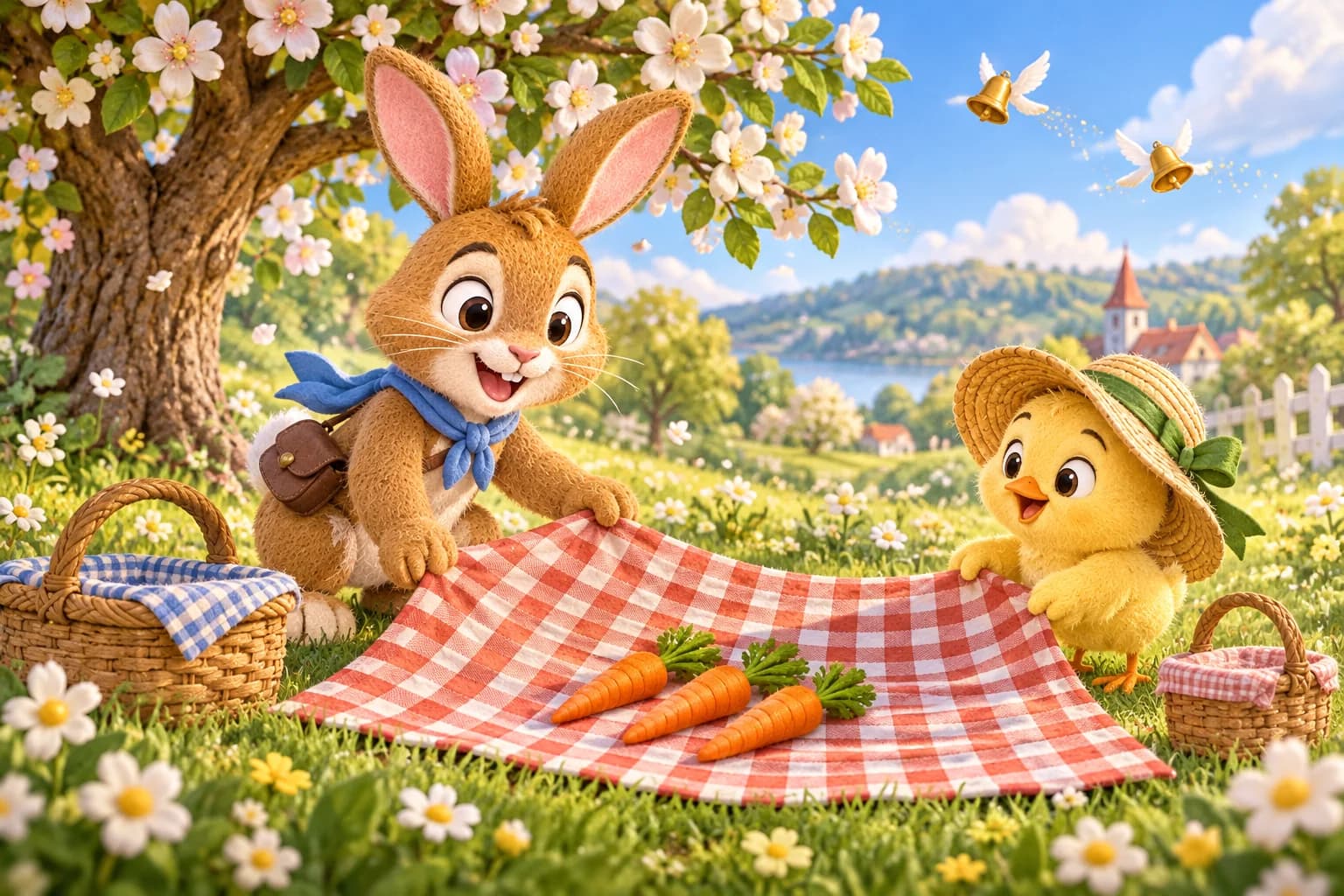 Sous un pommier fleuri, près de deux paniers, le Lapin brun et le Poussin jaune étendent une nappe à carreaux rouges.