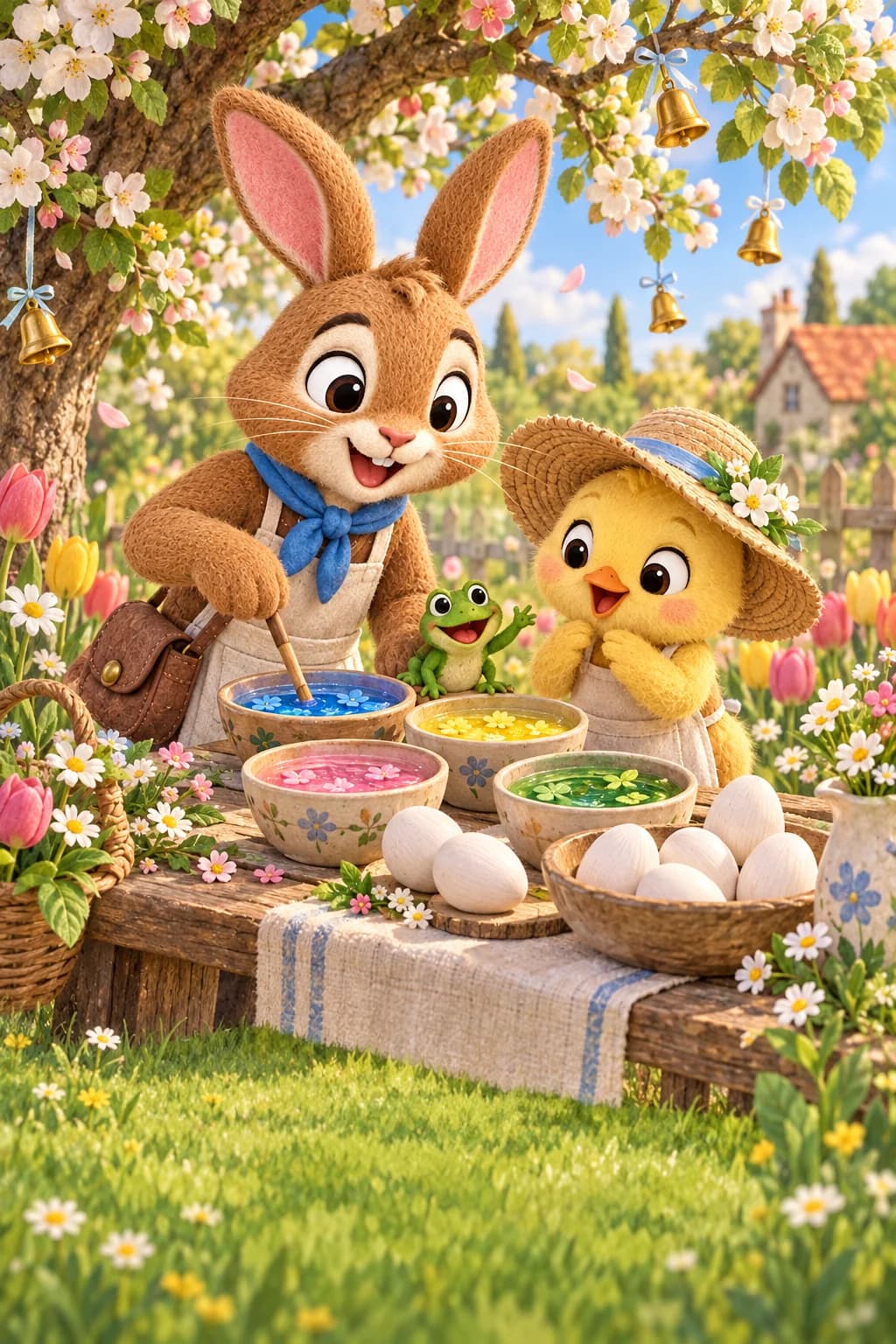 Le Lapin et le Poussin regardent Bulle près des bols colorés et des œufs blancs.