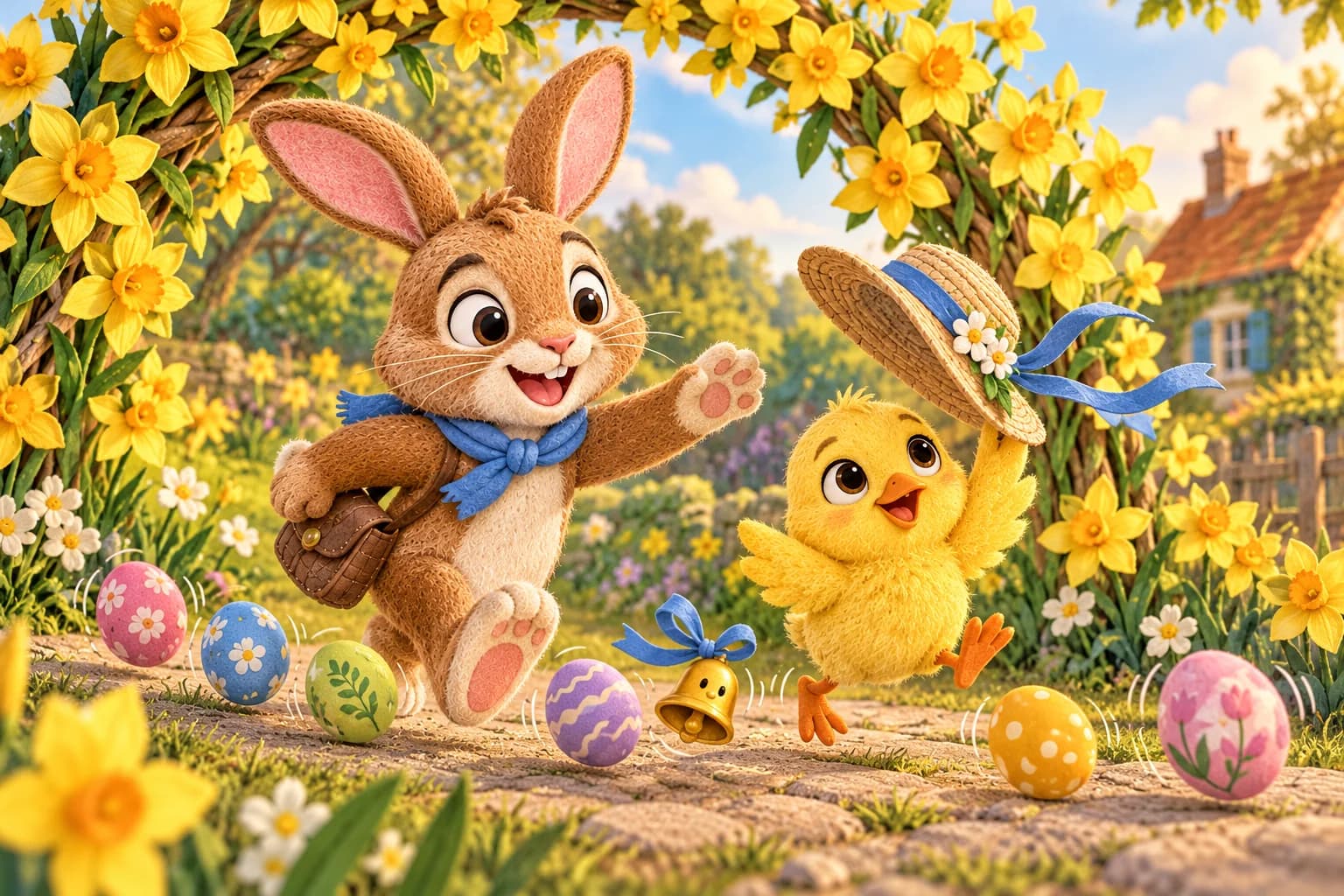 Sous une arche de jonquilles, le lapin et le poussin rattrapent des œufs décorés qui roulent autour d’eux.