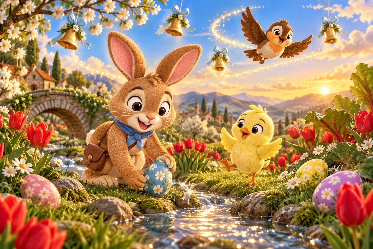 Le lapin, le poussin et Biscotte suivent un ruisseau, tandis que des œufs décorés roulent parmi les fleurs.