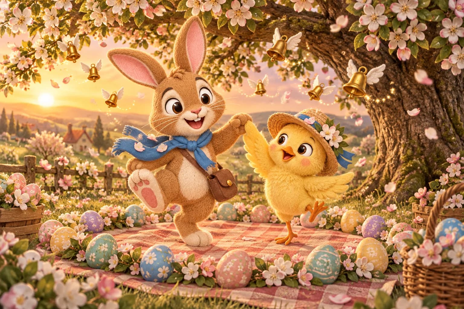 Sous le pommier fleuri, le lapin et le poussin dansent autour d’œufs décorés, pendant que des clochettes volent.