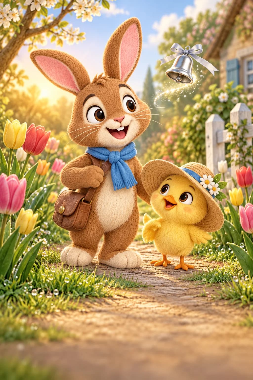 Un lapin brun au foulard bleu et un poussin coiffé d’un chapeau observent un jardin fleuri.