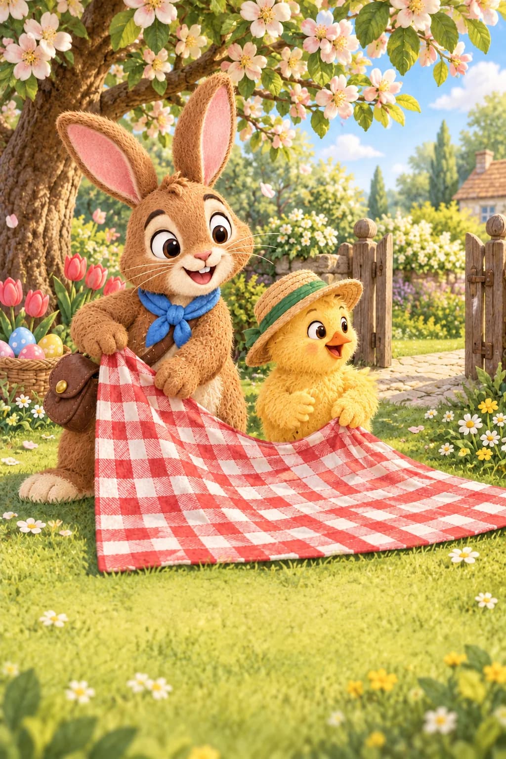 Sous un pommier fleuri, le lapin et le poussin au chapeau préparent une nappe pour leurs invités.