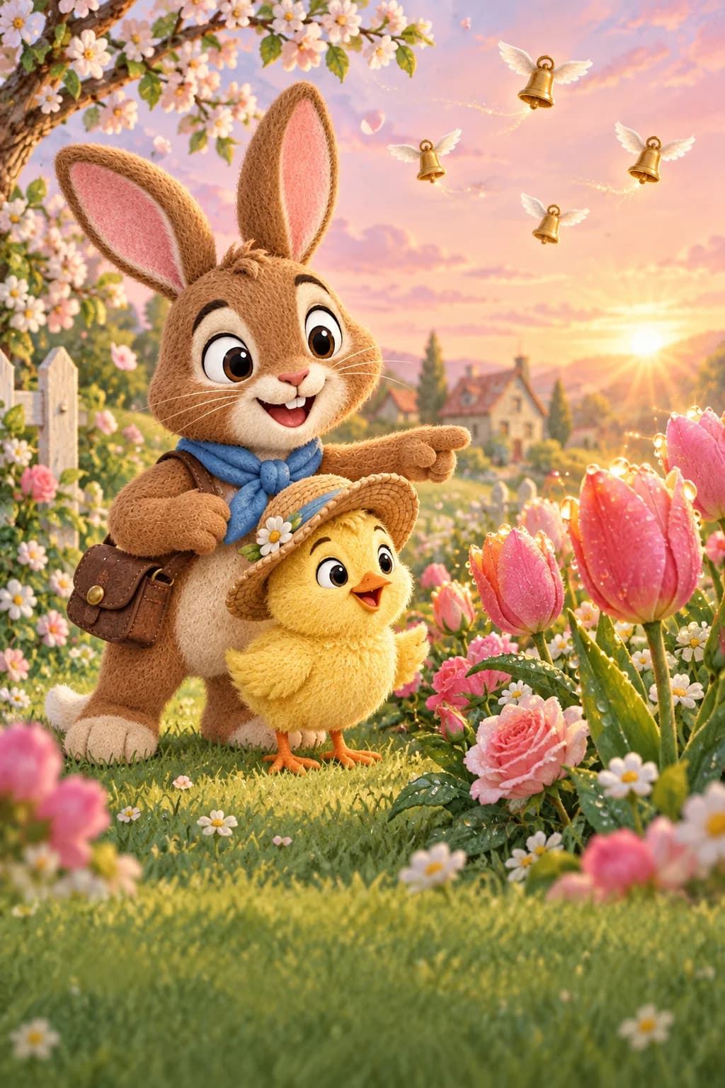 Un lapin brun et un poussin jaune observent la rosée brillante dans un jardin fleuri au matin de Pâques.