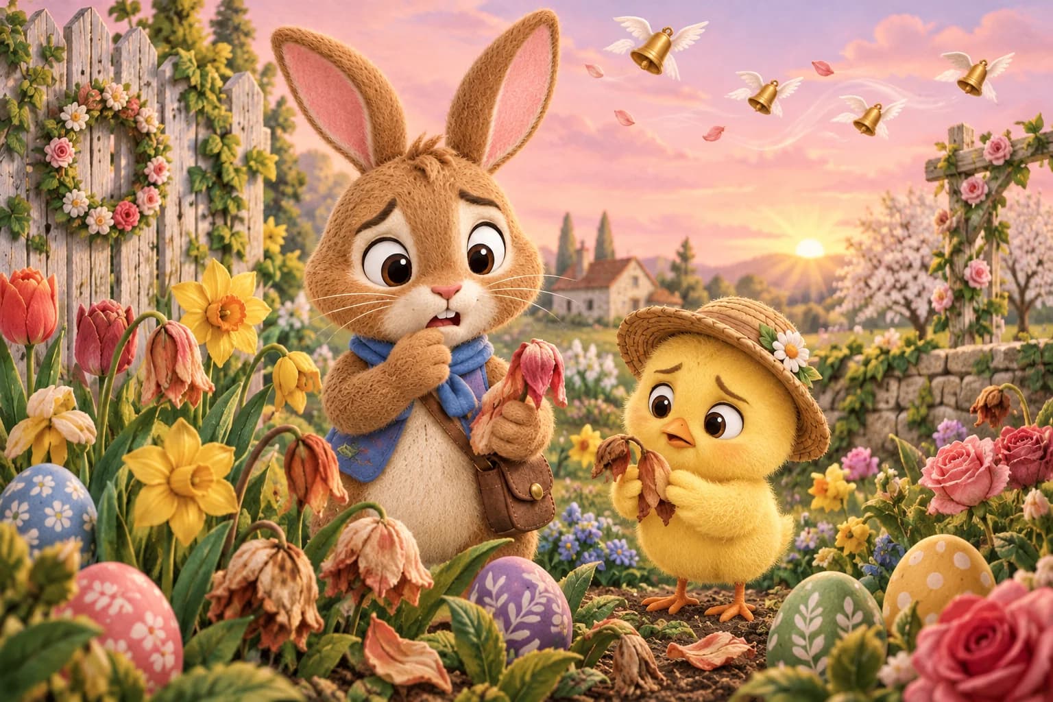 Au lever du jour, le Lapin brun et le Poussin jaune observent les pétales secs parmi les fleurs et les œufs décorés.