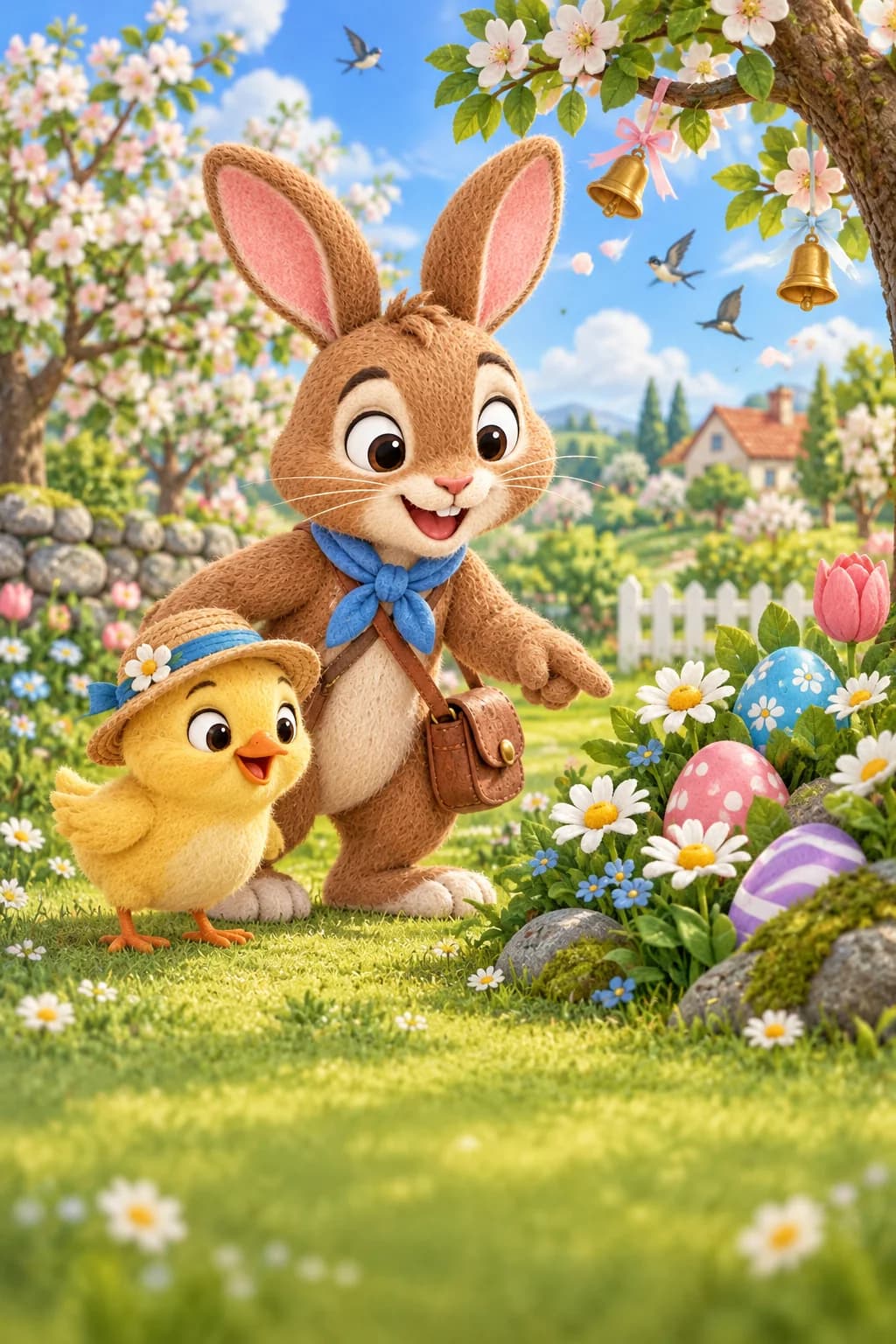 Le Lapin brun et le Poussin jaune observent des œufs colorés cachés parmi les fleurs du jardin.