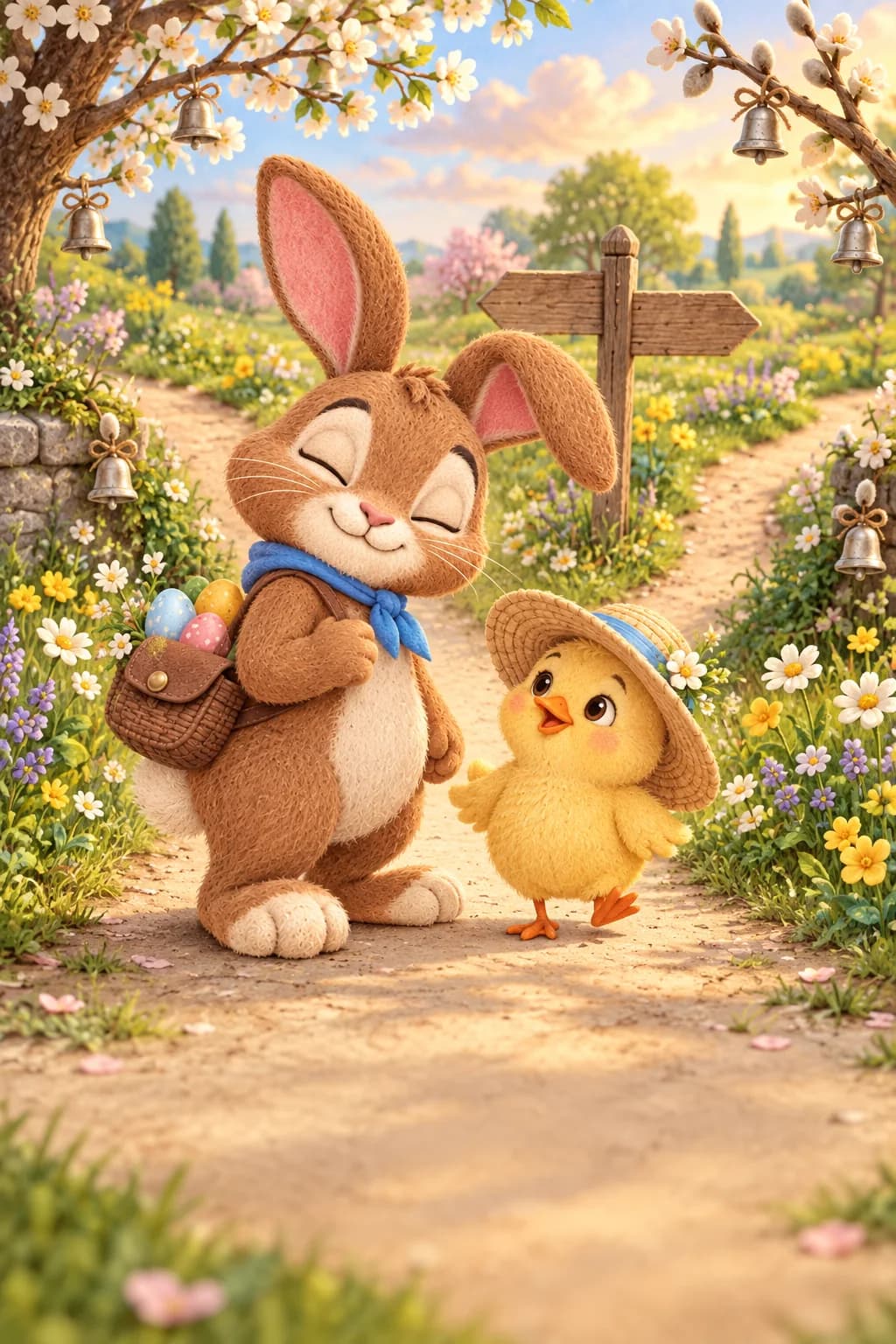 Le Lapin brun et le poussin jaune observent trois chemins fleuris bordés de clochettes endormies.