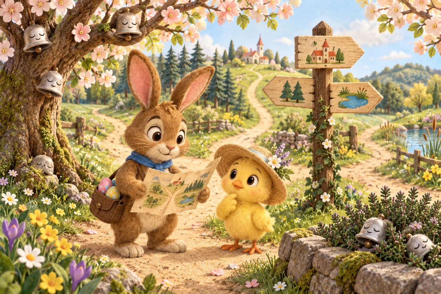 Dans une prairie fleurie, le Lapin brun consulte une carte avec le Poussin jaune devant trois sentiers et des clochettes argentées dorment.