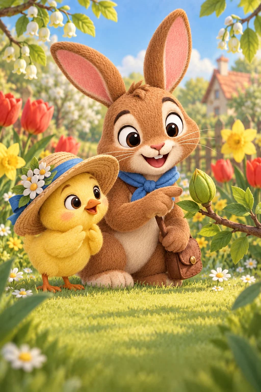Le Lapin brun et le Poussin jaune observent un mystérieux bourgeon fermé dans le jardin de Pâques.