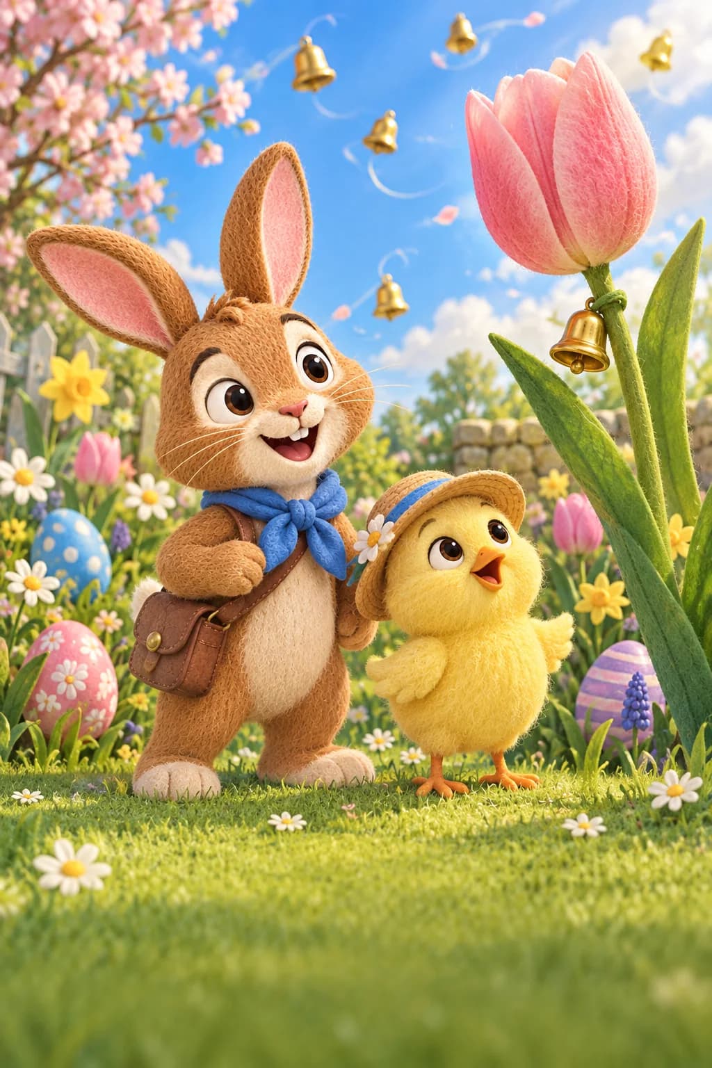 Un lapin brun et un poussin jaune regardent une grande tulipe rose entourée de clochettes dorées.