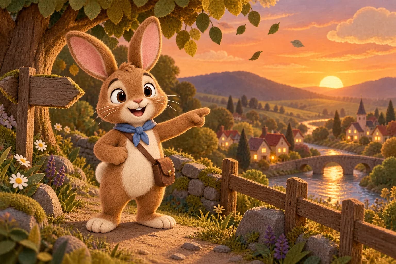 Au coucher du soleil, le Lapin brun au foulard bleu et le Poussin coiffé de paille avancent parmi les fleurs.