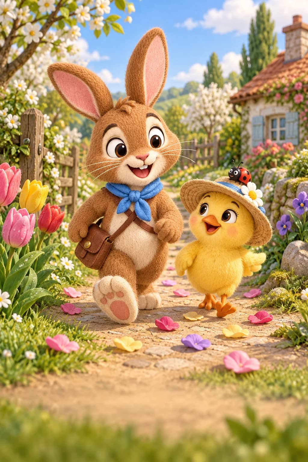 Un lapin brun et un poussin jaune suivent des pétales colorés dans un jardin printanier.