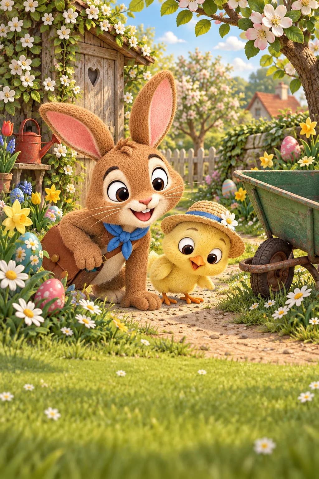 Le Lapin et le Poussin scrutent un chemin fleuri près d’une brouette verte encore vide.