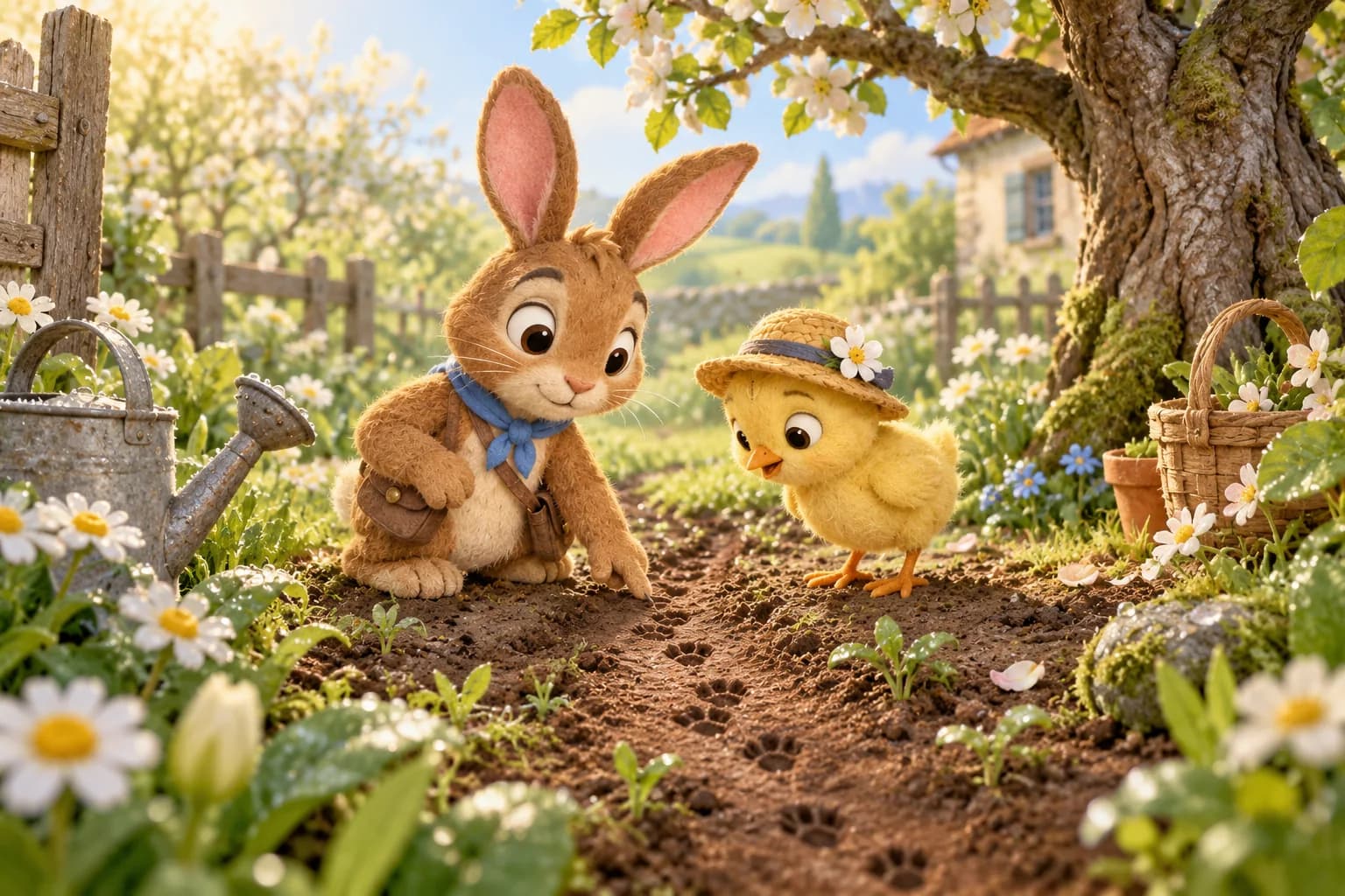 Dans le jardin printanier, le Lapin brun agenouillé examine une trace, tandis que le Poussin ajuste son chapeau.