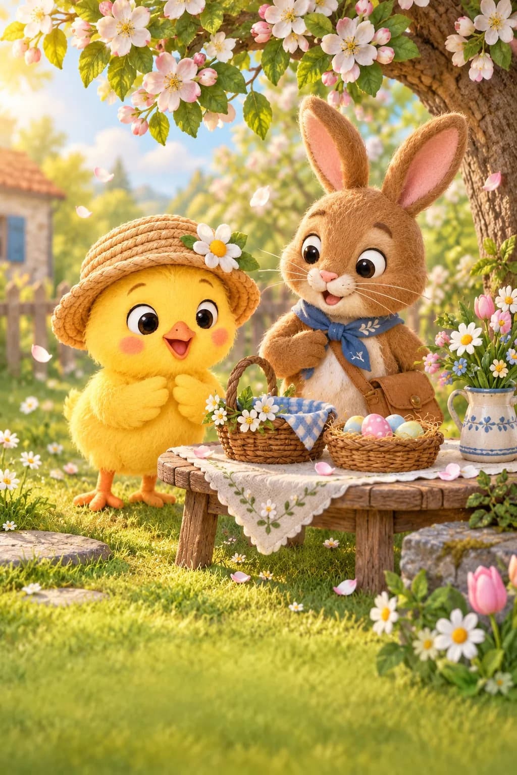 Le Poussin coiffé d’un chapeau observe une table vide avec le Lapin sous un pommier fleuri.
