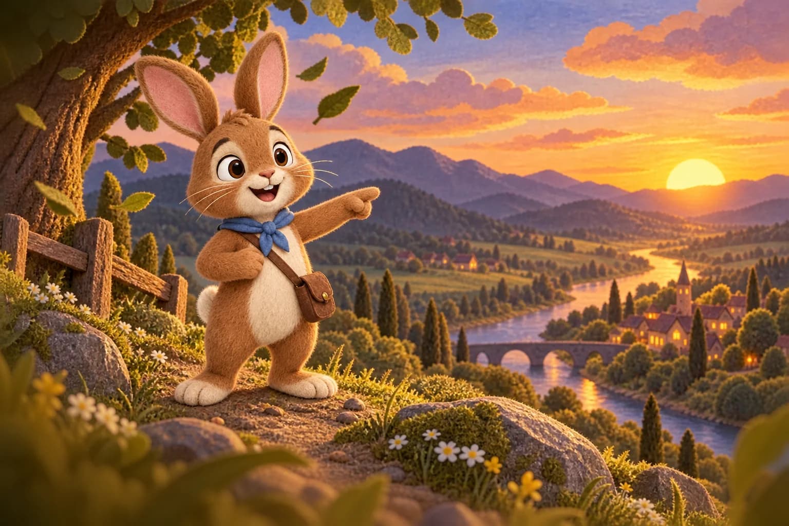Dans le jardin de Pâques, le Lapin brun au foulard bleu montre sa besace vide au Poussin jaune.