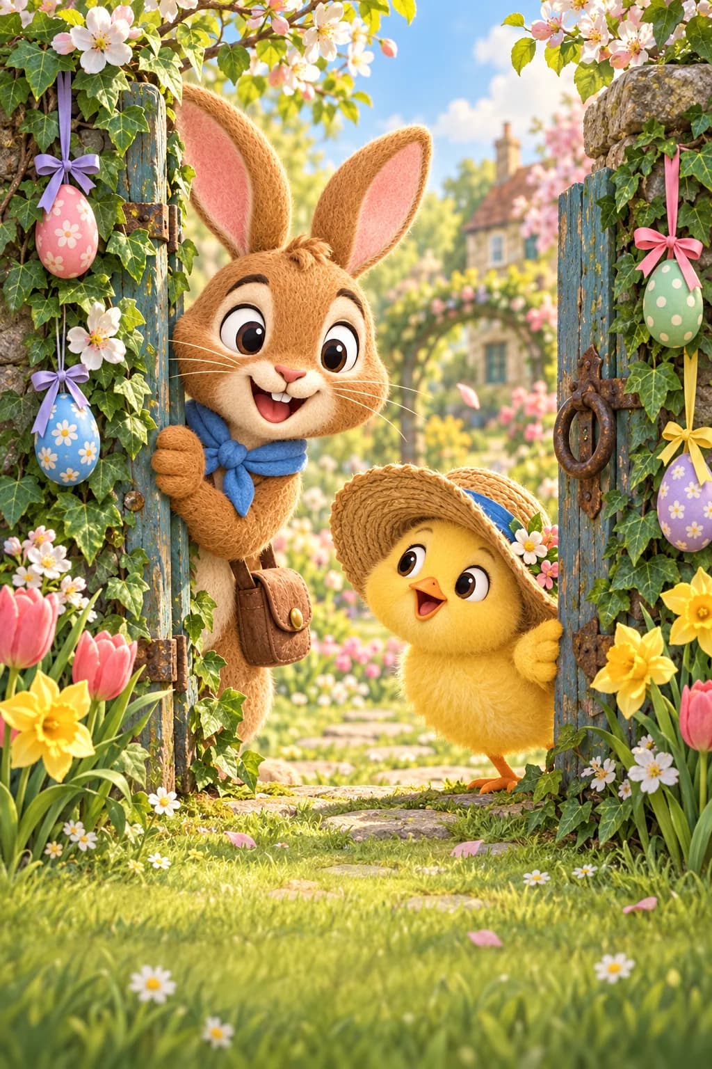 Le Lapin et le Poussin observent un jardin fleuri rempli d’œufs décorés derrière une vieille grille.