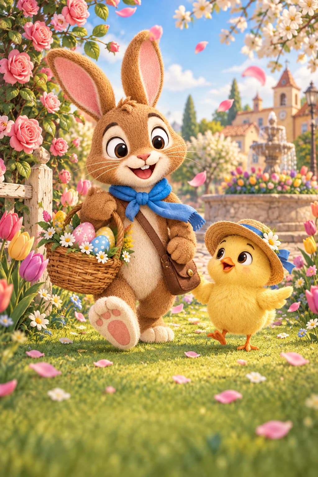 Le Lapin brun et le Poussin jaune cherchent des pétales colorés dans un jardin de Pâques.
