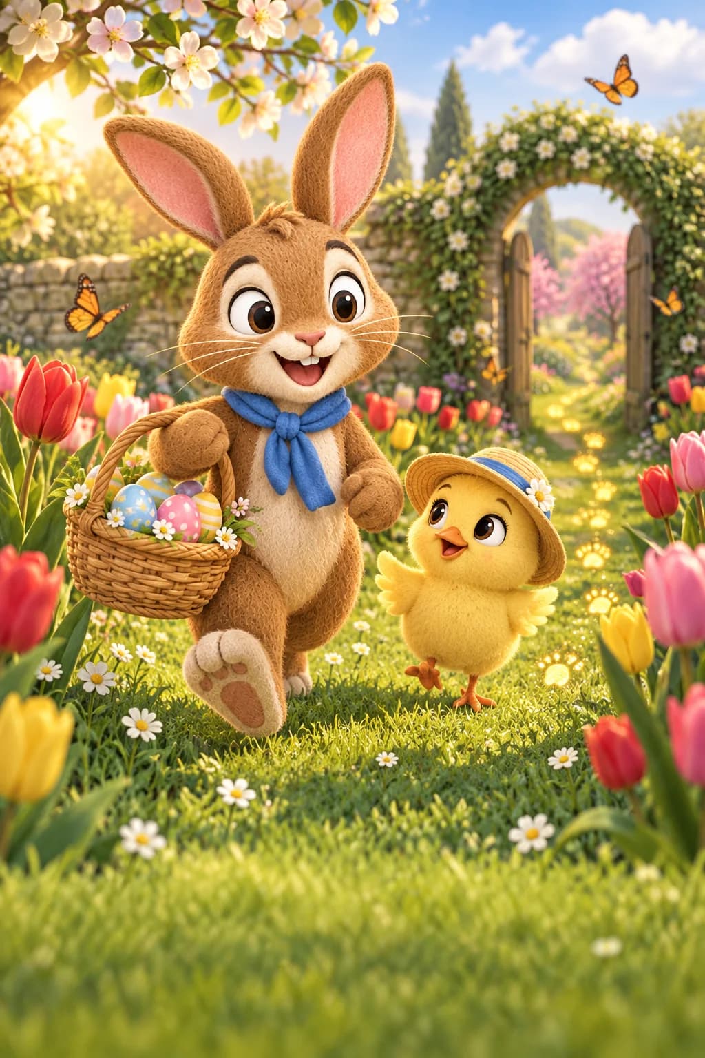 Le Lapin brun et le Poussin jaune suivent des traces dorées entre les tulipes du jardin.