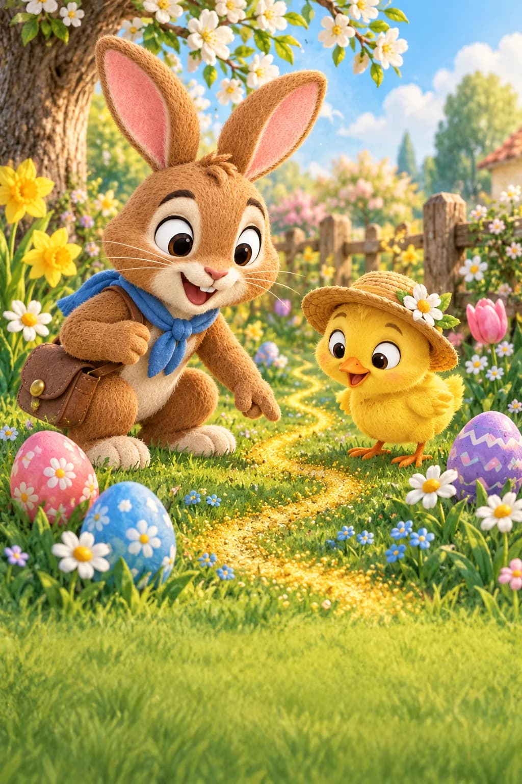 Le Lapin brun et le Poussin jaune observent une mystérieuse piste dorée parmi les œufs de Pâques.