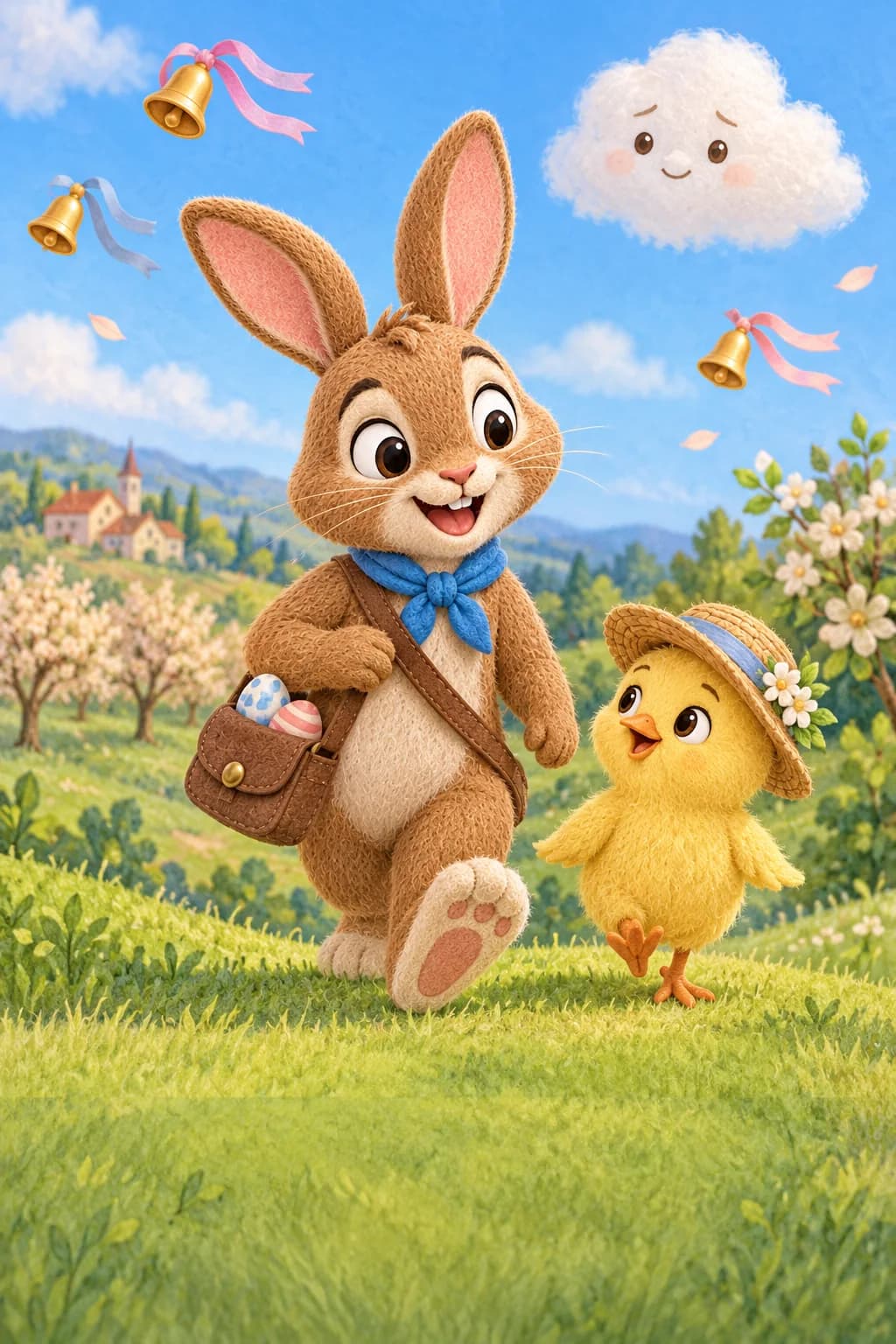Le Lapin brun et le Poussin jaune découvrent un petit nuage au-dessus d’une colline printanière.