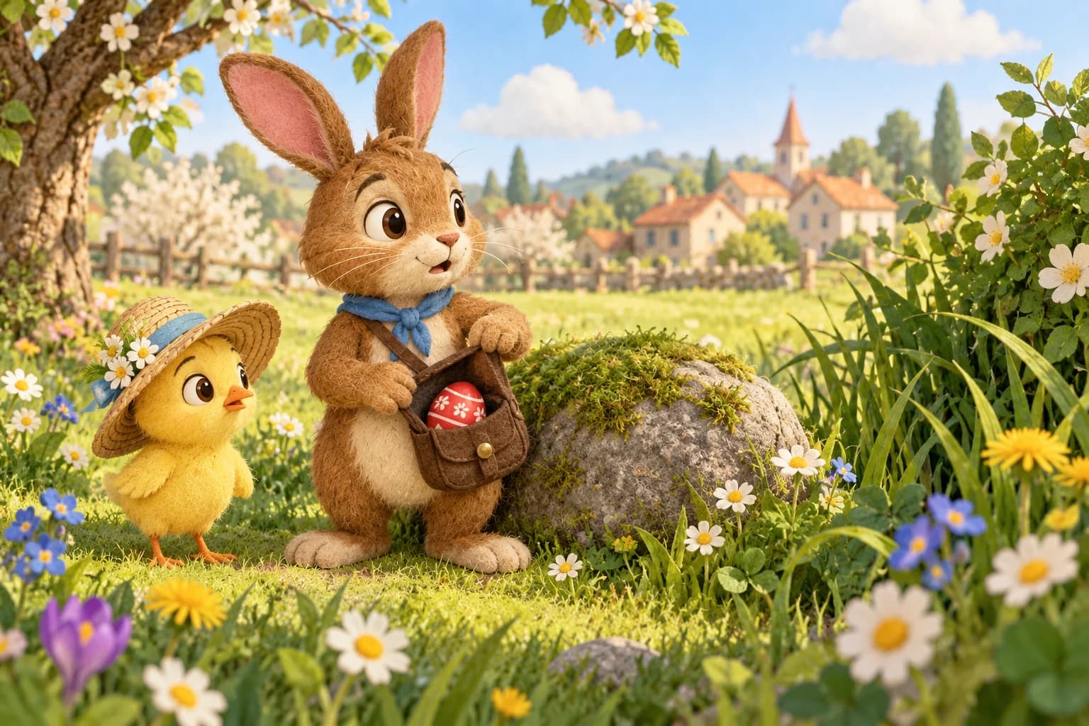 Dans une prairie printanière, le Lapin de Pâques ouvre sa besace presque vide près d’un rocher, tandis qu’un poussin écoute.
