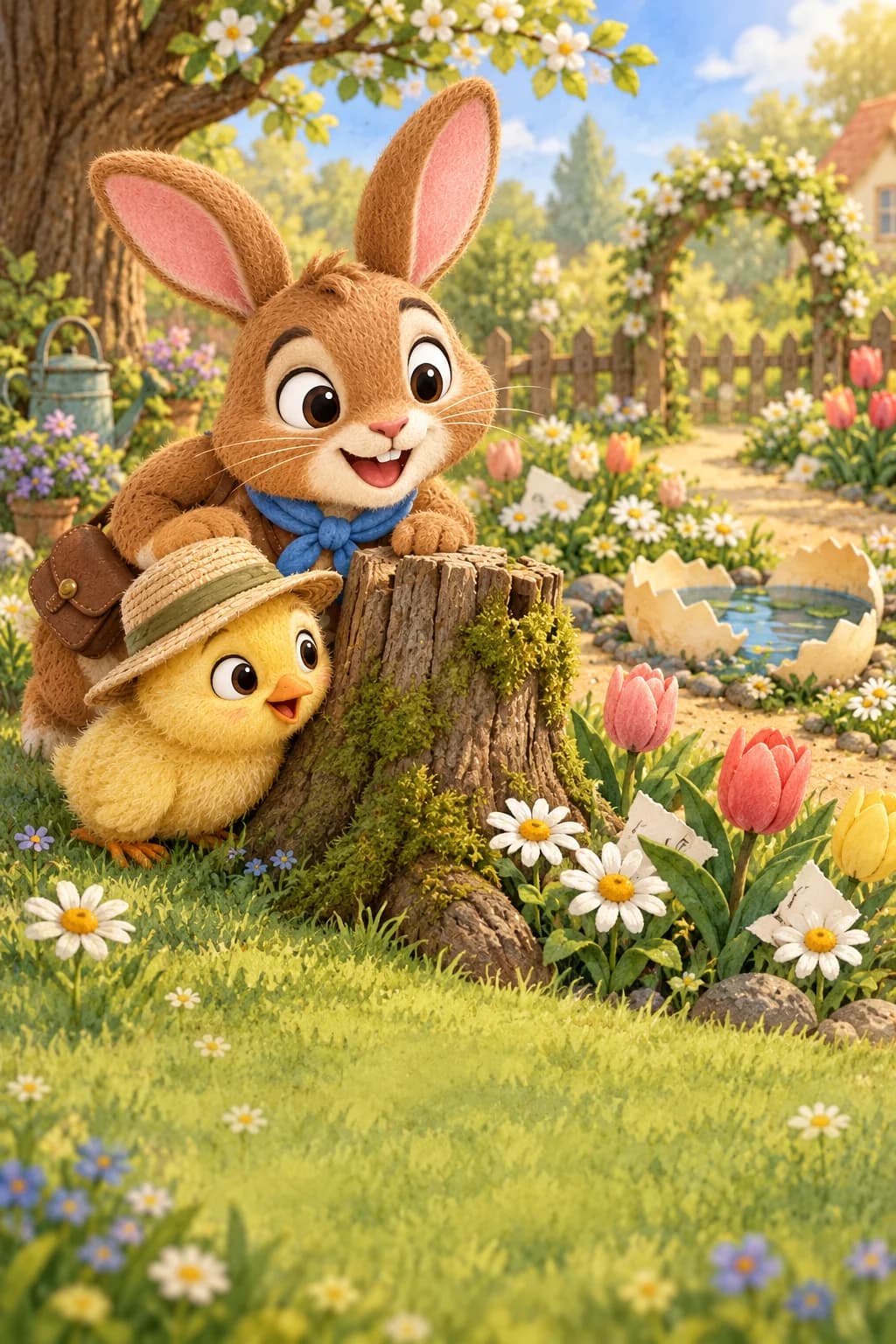 Le Lapin et le Poussin observent un jardin miniature caché derrière une souche, parmi les fleurs.